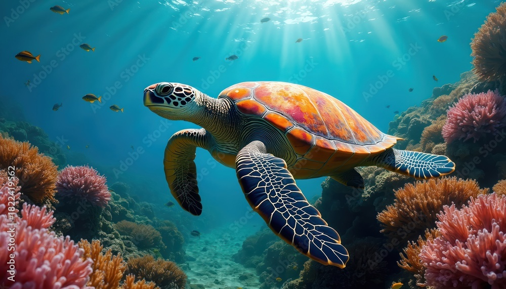 Fototapeta premium Sea turtle swims underwater with colorful coral reef, fish and sun rays. Turtle glides over ocean floor in tropical waters. Vibrant marine life surrounds the turtle.