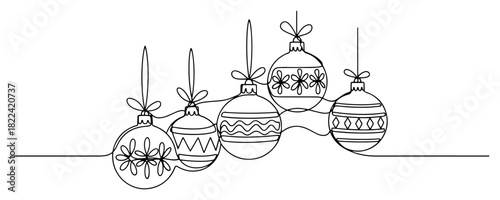 Continuous one line drawing of hanging Christmas baubles minimalist vector illustration