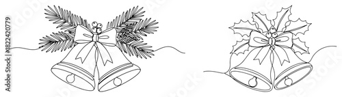 Christmas bells with bow and holly continuous one line drawing festive jingle bells minimalist vector illustration