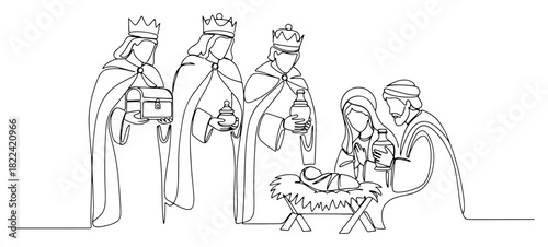 Continuous one line drawing of Nativity scene with Holy Family and Three Wise Men minimalist vector illustration for Christian holiday design