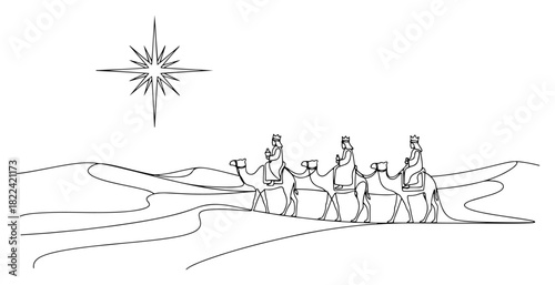 Continuous one line drawing of three wise men riding camels in desert following the star minimalist vector illustration of nativity scene