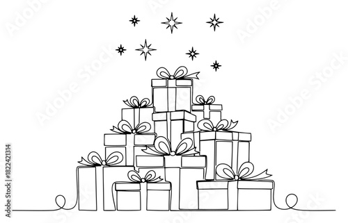 Continuous one line drawing of large stack of Christmas gift boxes with bows and stars minimalist vector illustration for holiday celebration