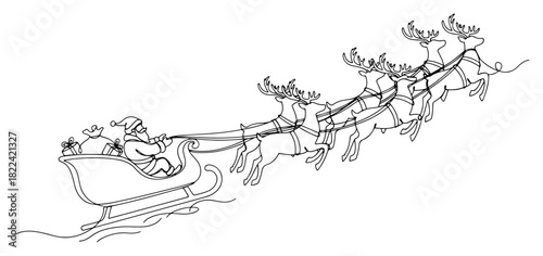 Continuous one line drawing of Santa Claus flying in sleigh pulled by reindeer team minimalist vector illustration for Christmas eve magic