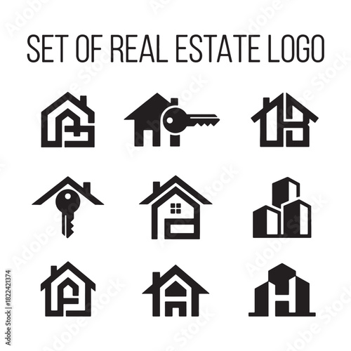 Versatile modern abstract vector real estate logos: a set of diverse house, home, and property building icons on white, perfect for business branding.