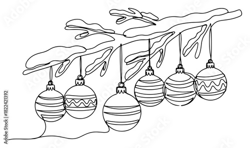 Continuous line drawing of Christmas baubles on a fir branch. Vector minimalist winter holiday illustration.