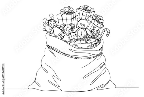 Continuous line drawing of Santa's sack full of toys and gifts. Vector minimalist Christmas holiday illustration.