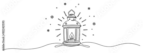 Continuous line drawing of Christmas lantern with burning candle and snowflakes Winter holiday vector illustration in minimalist style