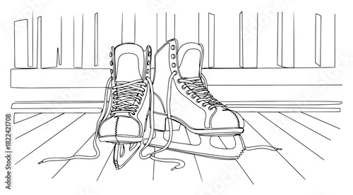Pair of figure ice skates on wooden floor vector line drawing illustration for coloring book