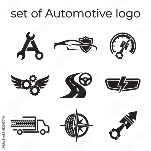 Modern Automotive Logo Vector Icons Set featuring Car, Engine, Repair, and Transport Service elements in bold black style for branding.