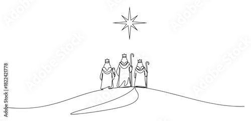 Three Wise Men walking towards the Star of Bethlehem Nativity scene vector illustration in minimalist black and white line art style