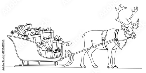 Continuous line drawing of reindeer pulling sleigh full of Christmas presents Winter holiday vector illustration in minimalist style