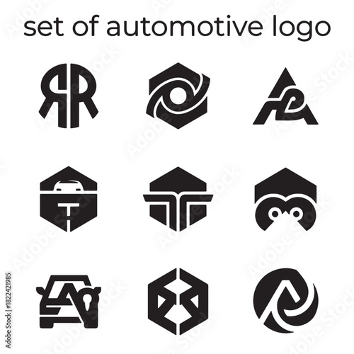 Set of modern abstract automotive logo design icons for vehicle brand identity, professional vector illustrations for marketing and company branding.