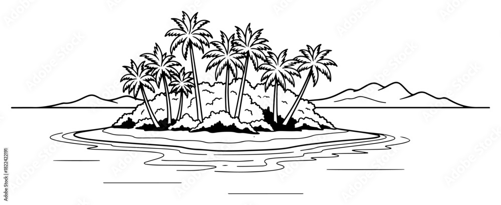 Obraz premium Tropical island landscape with palm trees and ocean waves vector illustration in black and white outline style