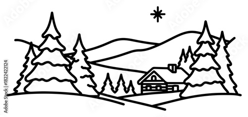 Winter landscape with snowy pine trees and cabin under the star vector illustration in outline style