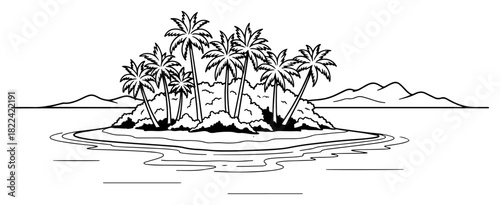 Tropical island landscape with palm trees and ocean waves vector illustration in black and white outline style