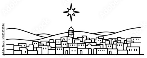 Biblical city of Bethlehem under the Christmas star vector illustration in minimalist line art style