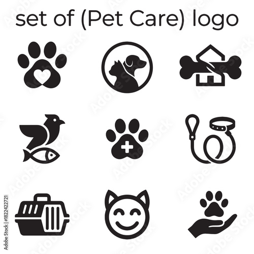 Versatile Pet Care Icons and Logo set, featuring diverse animals in modern black silhouette vector style on a clean white background, ideal for veterinary branding.