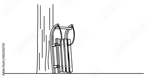 Wooden sled leaning against tree trunk in winter outdoors continuous line drawing black and white vector illustration