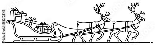 Side view of two reindeer pulling Santa sleigh full of Christmas presents vector illustration in continuous line style