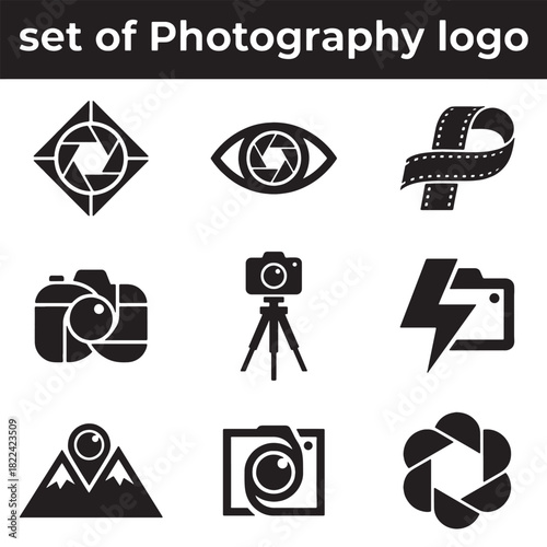 Modern Photography Logos and Icons Collection featuring minimalist Black and White Vector designs for Camera, Aperture, and Shutter elements, ideal for branding.