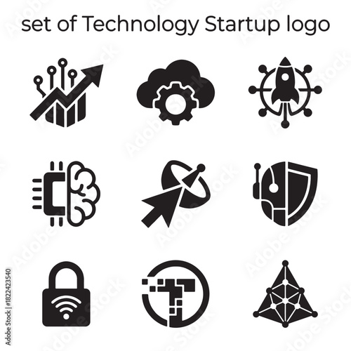 Modern technology startup logo and icons set for digital innovation, depicting cybersecurity, cloud computing, AI, and network solutions, perfect for business branding.