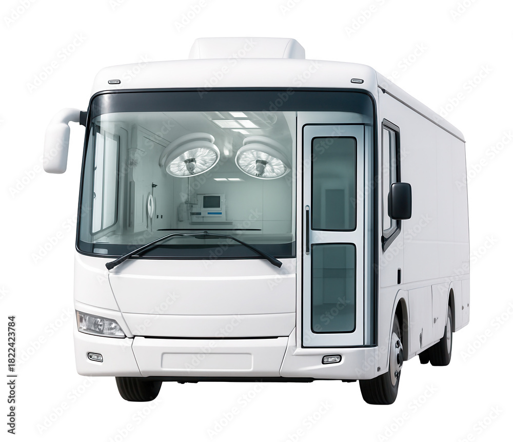 Naklejka premium Mobile surgical bus featuring a sterile operating space and overhead lights.