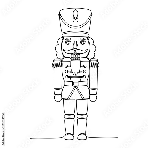 Traditional Christmas Nutcracker toy soldier standing in uniform vector illustration in continuous line style