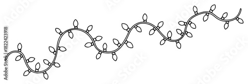 Decorative string of Christmas lights garland vector illustration in black and white line art style
