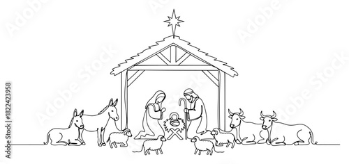 Nativity scene with Holy Family and animals in a stable under the Star of Bethlehem vector illustration in black and white line art style
