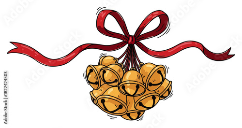 Bunch of golden jingle bells tied with a red ribbon bow vector illustration in colorful cartoon style