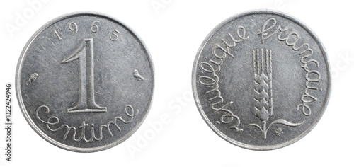 France one centime coin on a white isolated background