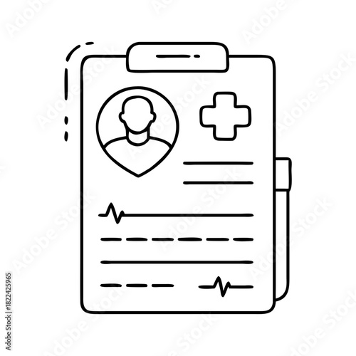 Healthcare data document on clipboard, patient information, medical cross, and vital signs line icon vector