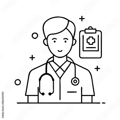 Doctor illustration with stethoscope and medical clipboard. healthcare professional, physician, medical expert.