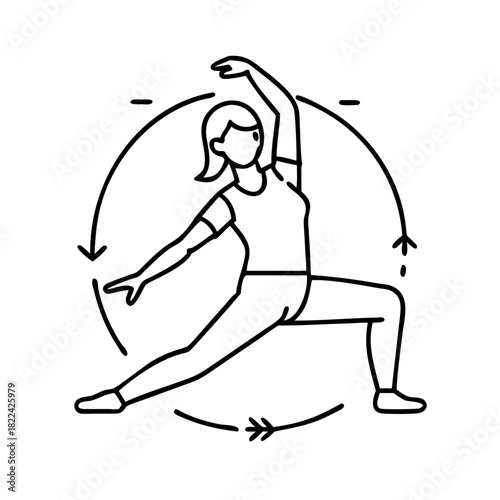 Line art illustration of a woman in a dynamic yoga stretching pose with circular arrows showing movement and flexibility
