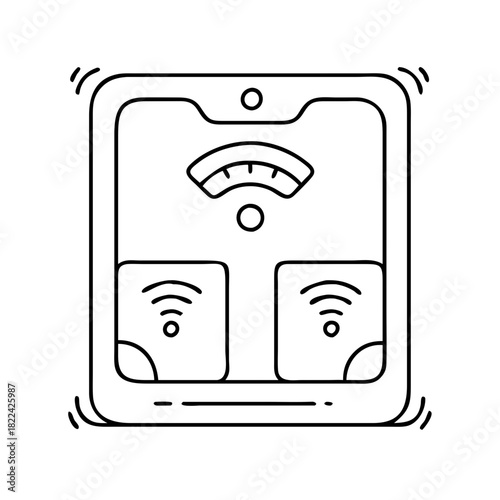 Smart weight scale line icon showing digital connectivity, health tracking, and fitness measurement technology
