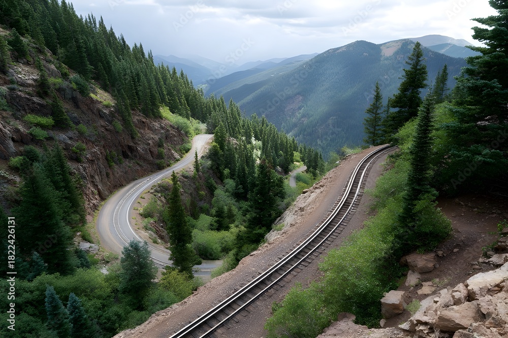 Fototapeta premium Scenic Mountain Railway With Switchback Turns Engineering Achievement Elevated Track Through Alpine Terrain Marvel View