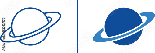 Celestial Blue Planet Icons: A stylized illustration of a blue planet with a surrounding ring, presented in two distinct variations—outline and solid.