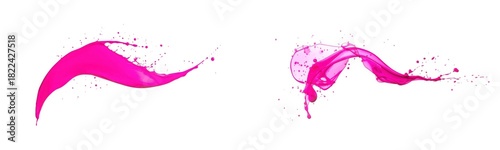 Two vibrant magenta paint splashes with dynamic fluid motion and scattered droplets, isolated on transparent background