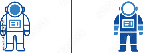 Astronaut Iconography: A minimalist vector graphic presents a pair of astronaut icons in contrasting shades of blue, ideal for illustrating themes of space exploration, cosmic endeavors.