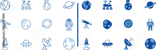 Space Exploration Icons: A collection of meticulously crafted, blue-toned icons represents various facets of space exploration, including planets, spacecraft, and astronomical equipment.