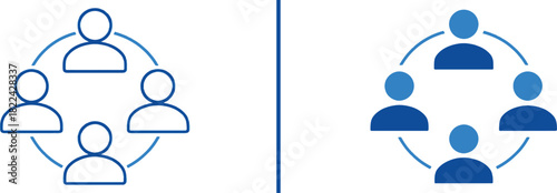 United Teamwork: Two conceptual illustrations of teamwork, depicting individuals forming a harmonious circle, emphasizing collaboration and unity in a visual language.