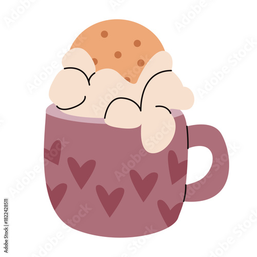 Mug with hot cocoa and whipped cream with sponge cake. Illustration for winter design, cafe menu, stickers, holiday cards, discount coupons for coffee or cappuccino