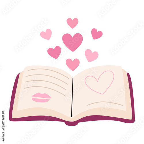 Open book with pink hearts flying out of it. Text and a drawing of tender lips. Vector for design for Valentine's Day, for book lovers, greeting cards, posters, stickers, educational topics.