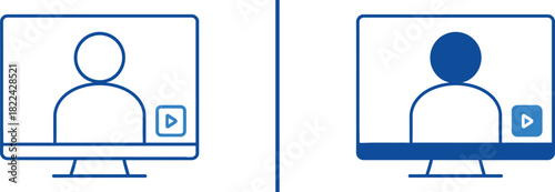 Webinar Icons: Streamlined graphics of computer monitors, each displaying a person icon for a webinar or online meeting, one in outline style and the other in solid color, promoting a modern.