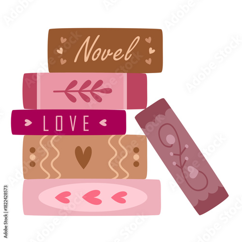Stack of books with love-themed titles in warm pastel color. Illustration for Valentine’s Day designs, book club, romantic stationery, posters, stickers, planners.