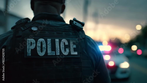 Close up of police officer in tactical vest standing on city street with patrol car lights flashing in background creating tense law enforcement atmosphere during evening operation focused on security