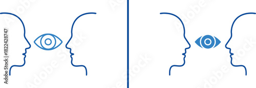 Eye Contact Concept: Two minimalist human profiles facing each other, with an illustrated eye symbol representing a visual connection and the unspoken language of understanding. 