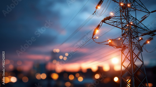 Fototapeta Naklejka Na Ścianę i Meble -  Wire electrical energy at sunset view defocused evening background power transmission lines grid infrastructure display electricity distribution visualization with copy space