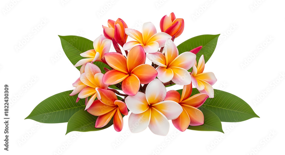 Fototapeta premium Bunch of plumeria flowers with green leaves in vibrant orange, pink, and yellow hues, isolated on white or transparent background. PNG