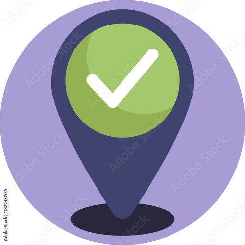 A map pin marked with a check symbol, indicating an approved or verified location.